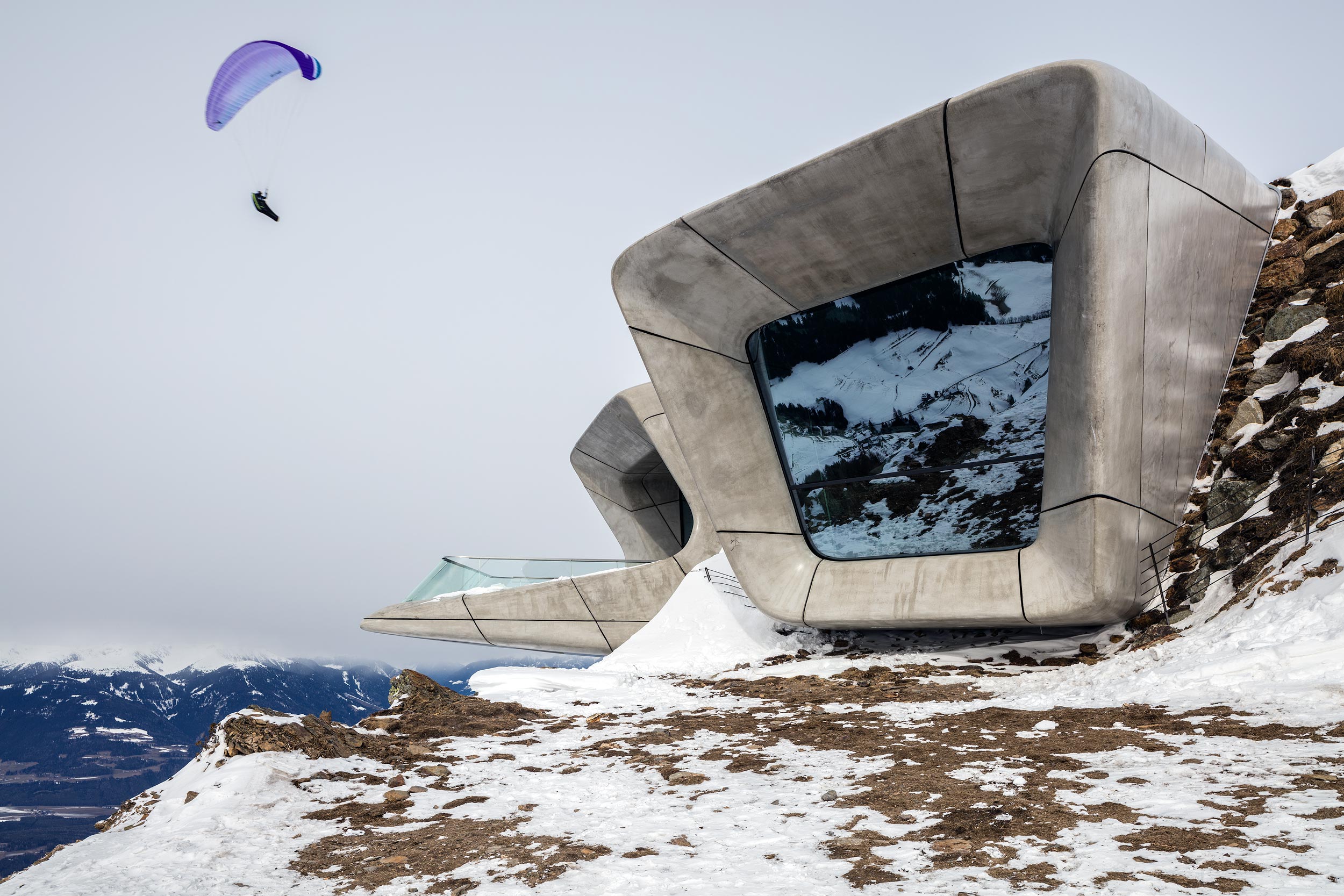 Architectural photograph of Messner Mountain Museum Corones embedded within the summit of mount Krompatz designed by Zaha Hadid architects
